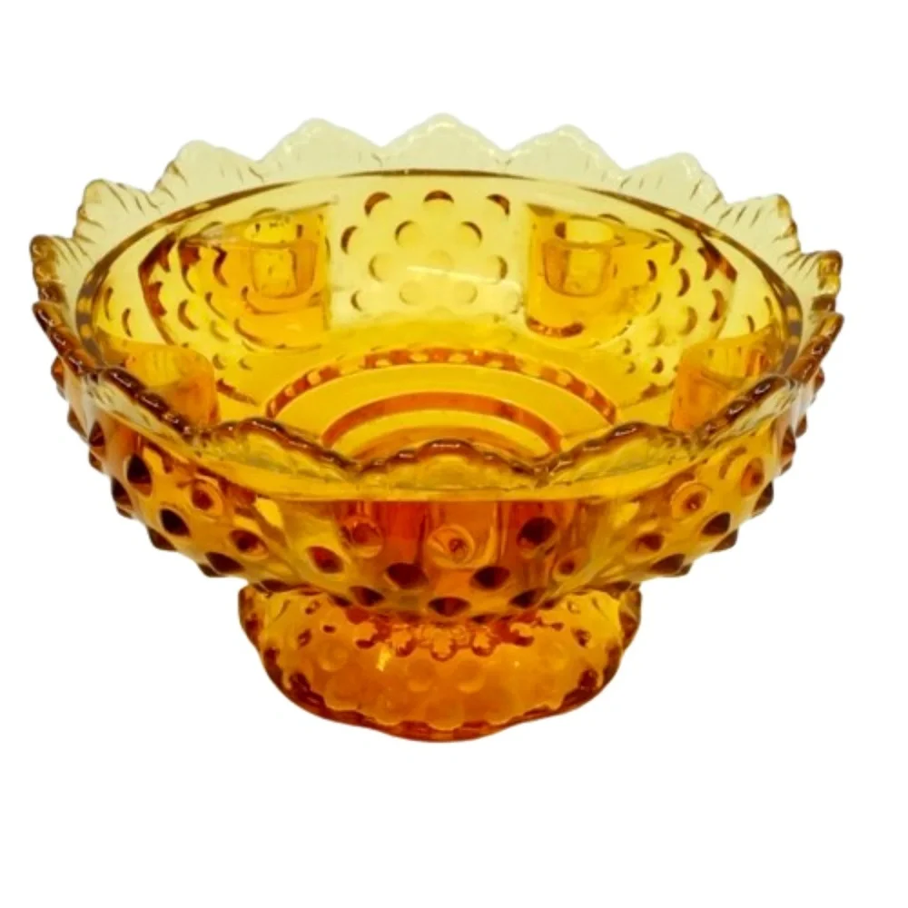 VINTAGE 60s~FENTON Art Glass Footed Candle Holder Colonial Amber Hobnail~SIGNED